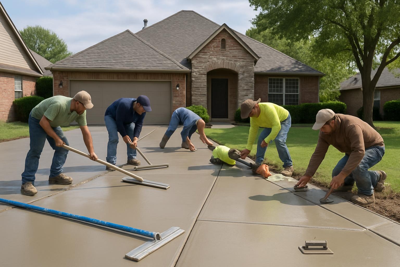 Concrete contractor finishing a new concrete driveway in Tulsa, OK