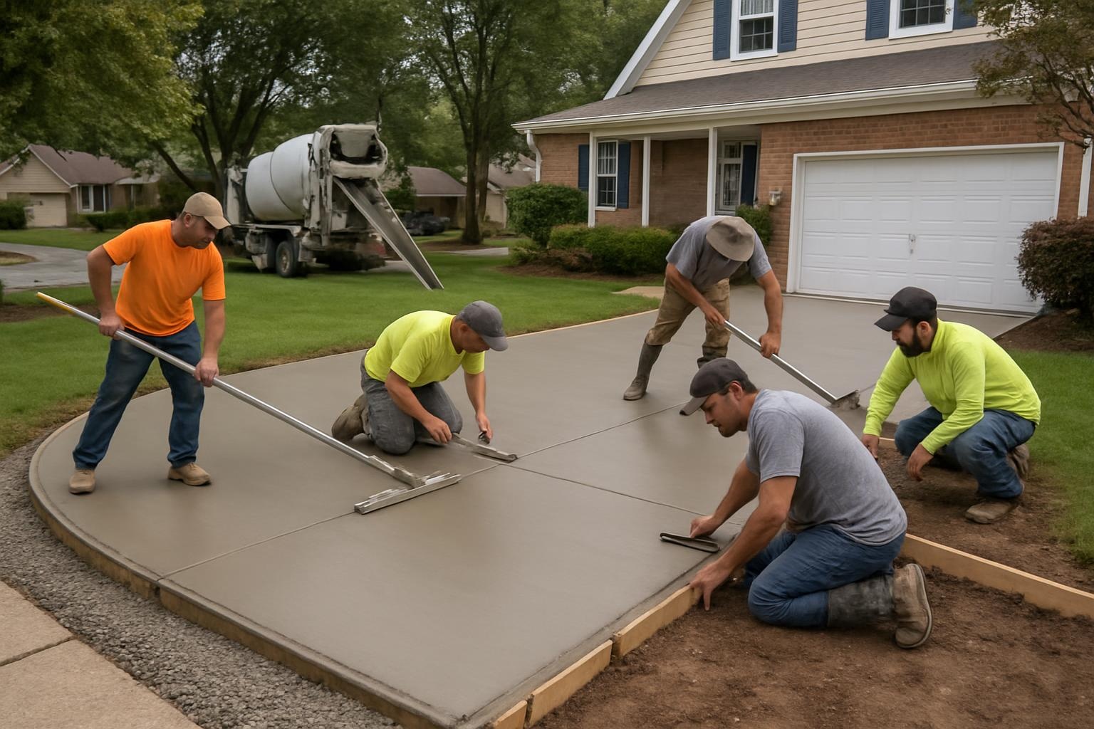 Crew installing a new concrete driveway in Virginia Beach with finished concrete and forms in place by a local concrete contractor