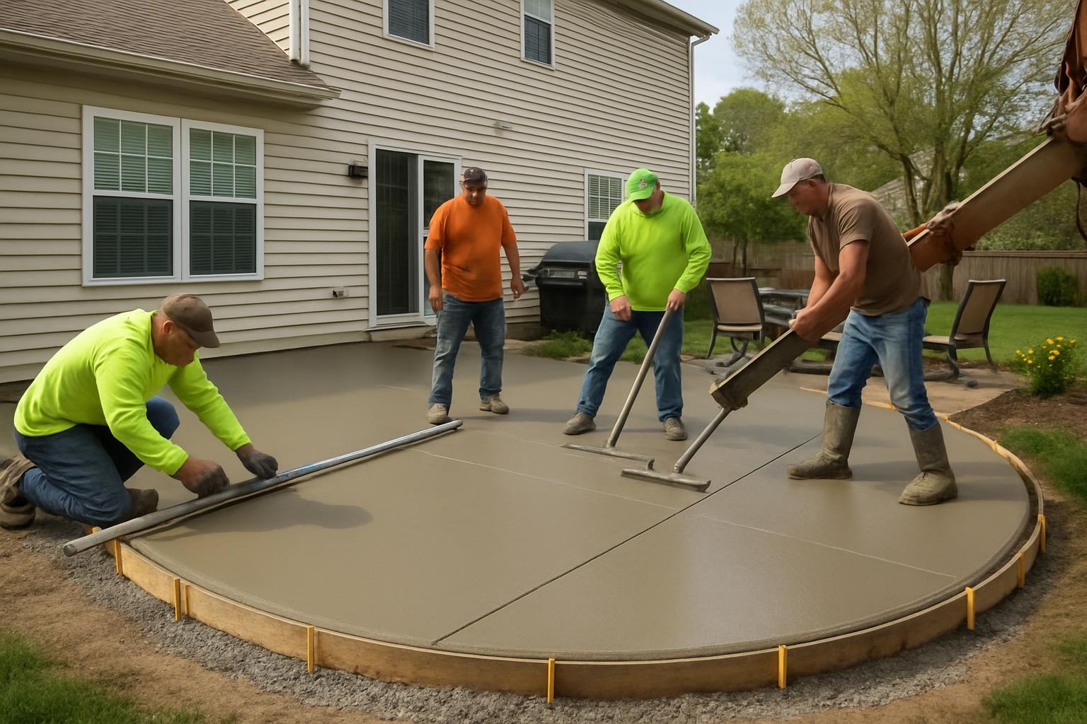 Crew finishing a new concrete patio at a home in Virginia Beach by a local concrete contractor