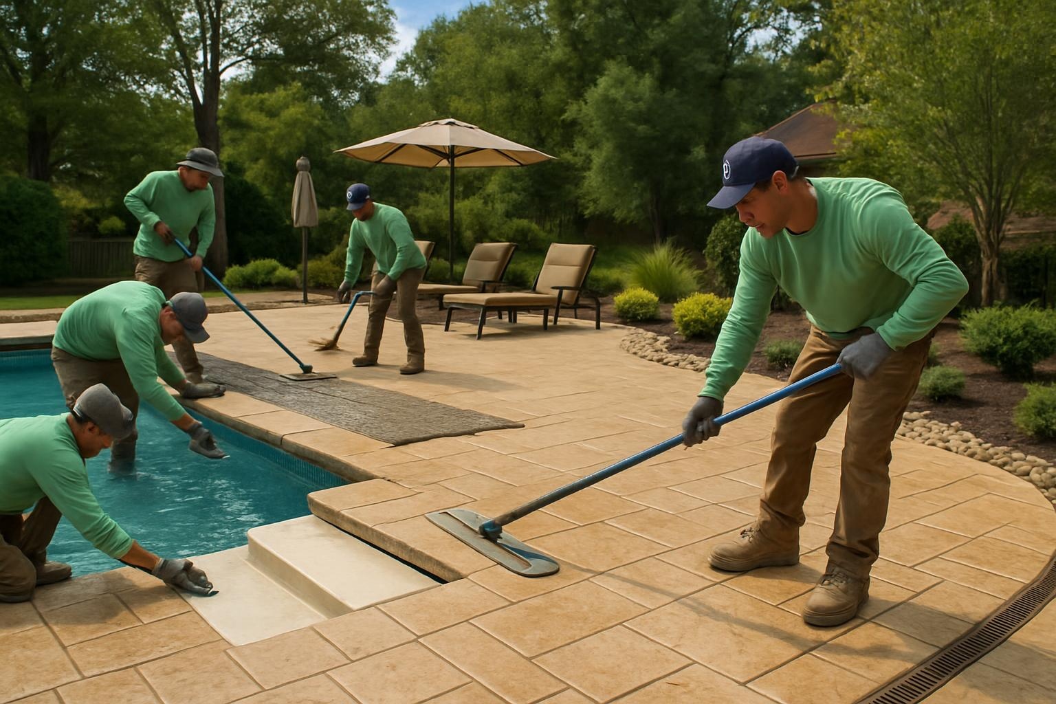 Concrete contractor finishing a stamped concrete pool deck in Virginia Beach
