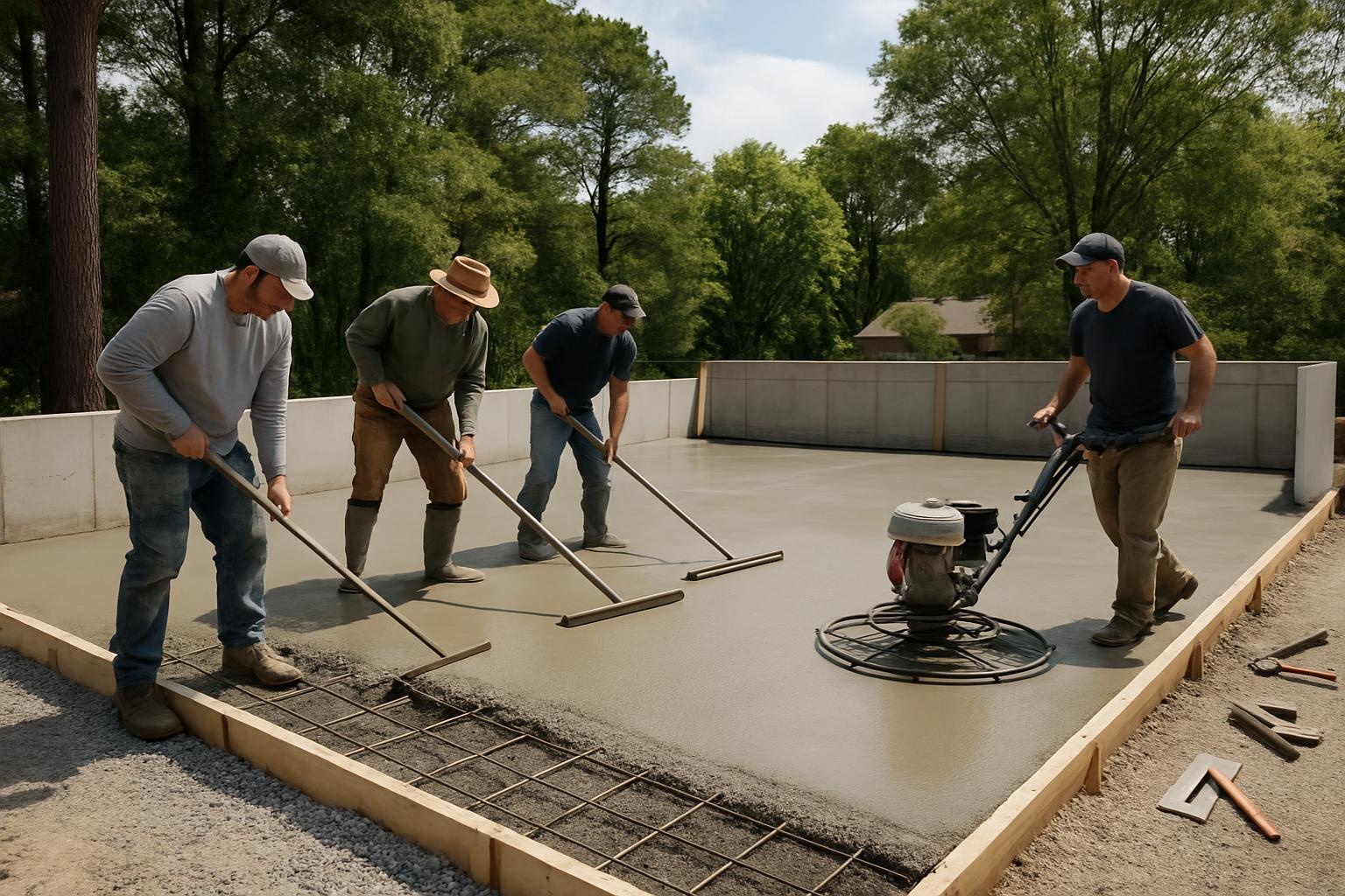 Concrete contractor finishing a new concrete slab for a garage in Virginia Beach
