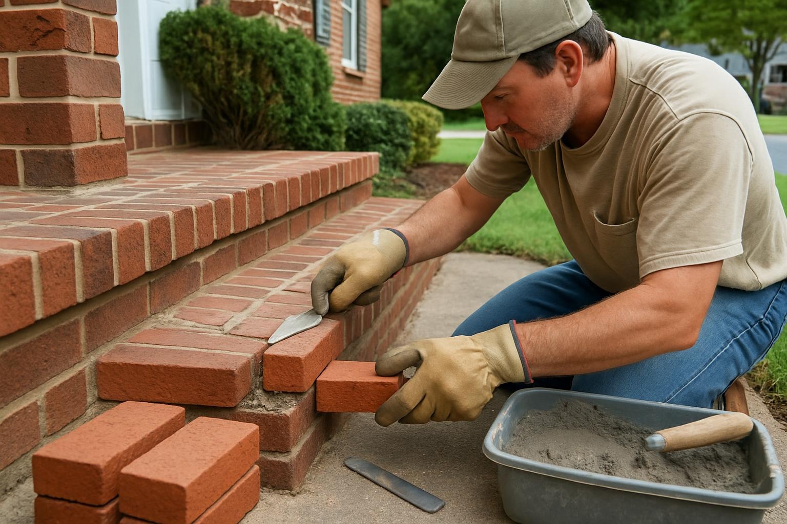 Masonry contractor repairing cracked brick steps at a home in Cary, NC