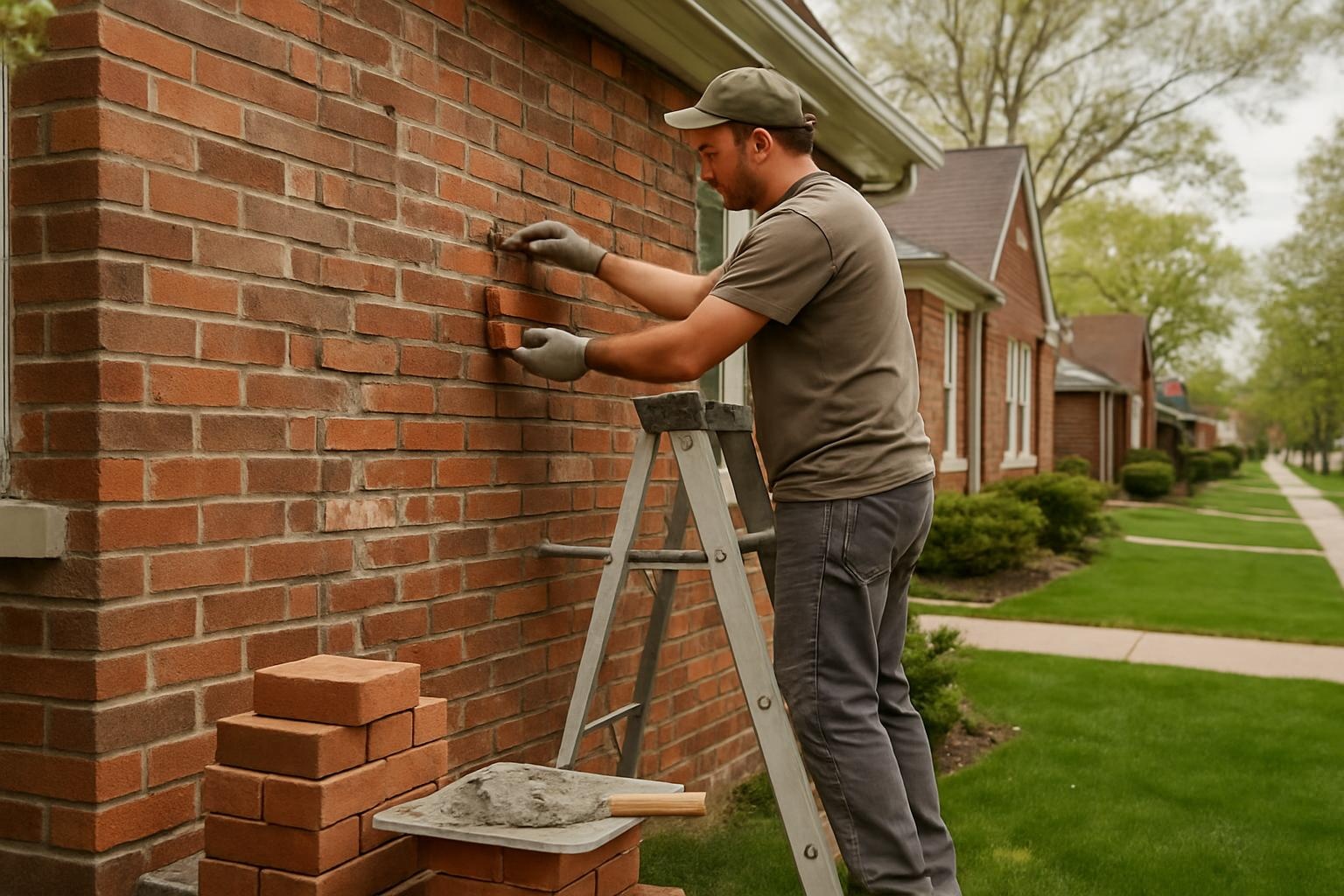 Brick and stone masonry repair in progress on a Detroit home exterior