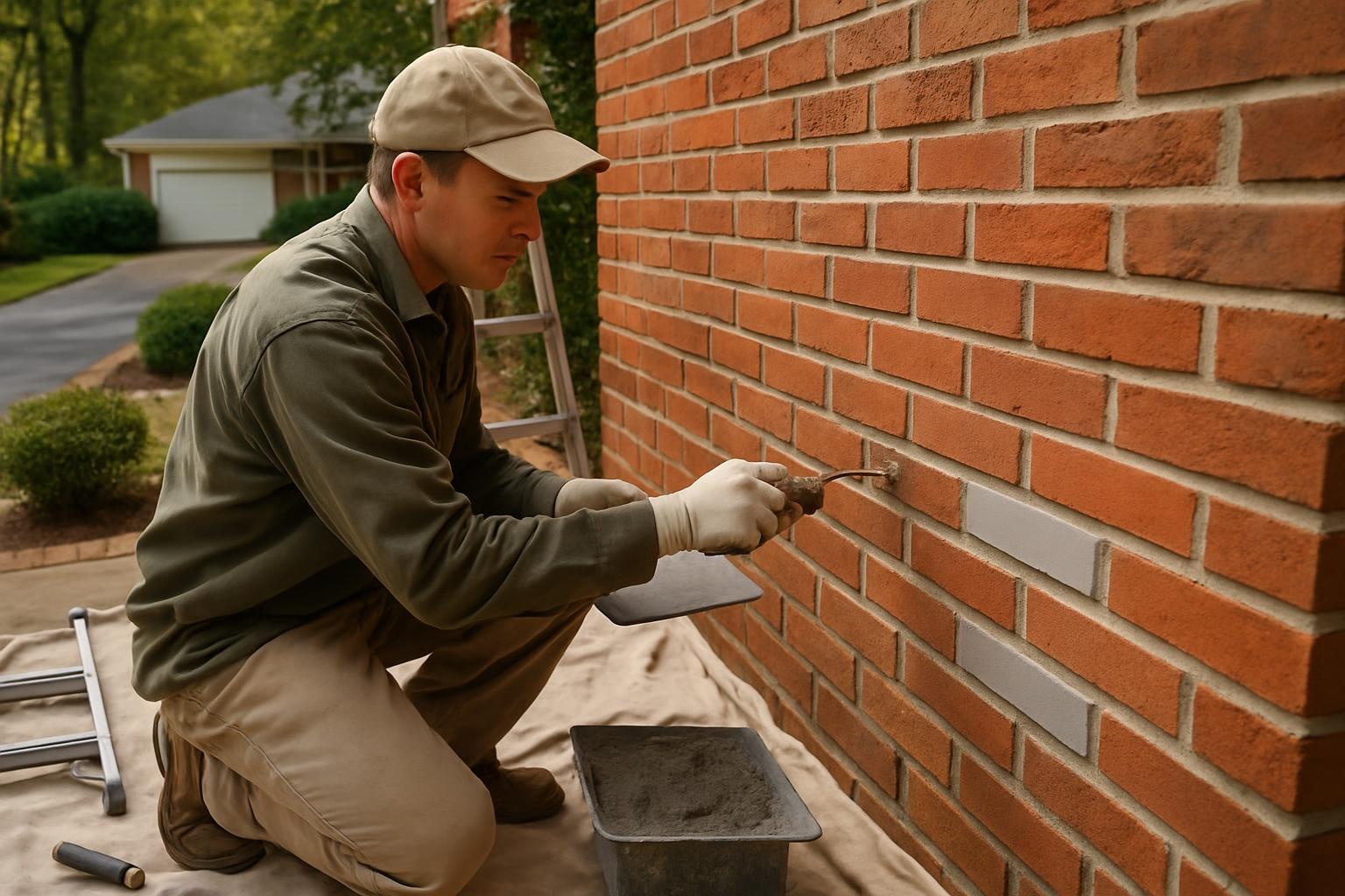Skilled mason performing brick masonry repair on a Durham, NC home exterior wall