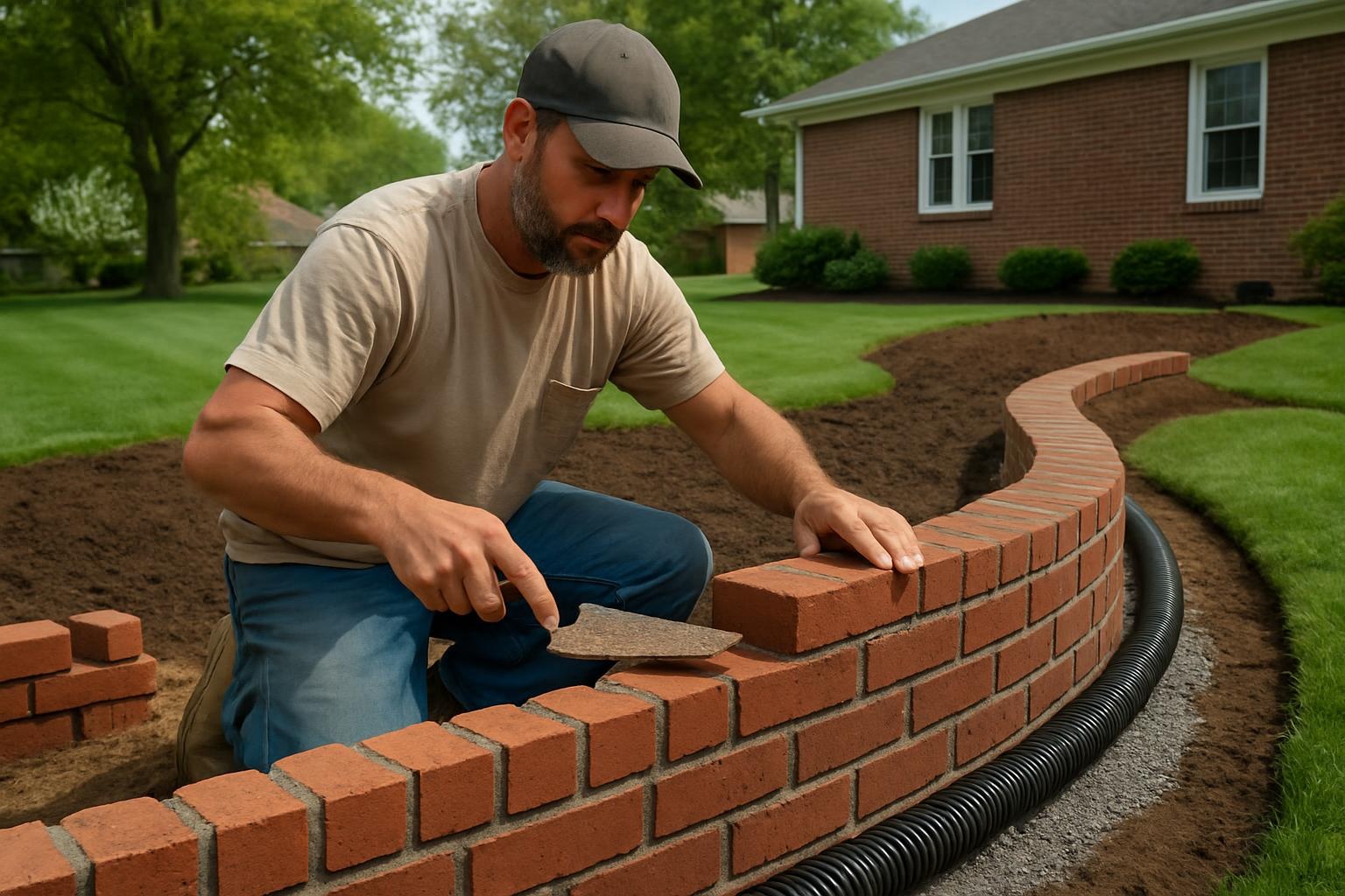 Brick retaining wall masonry in an Evansville, IN backyard built by a local mason