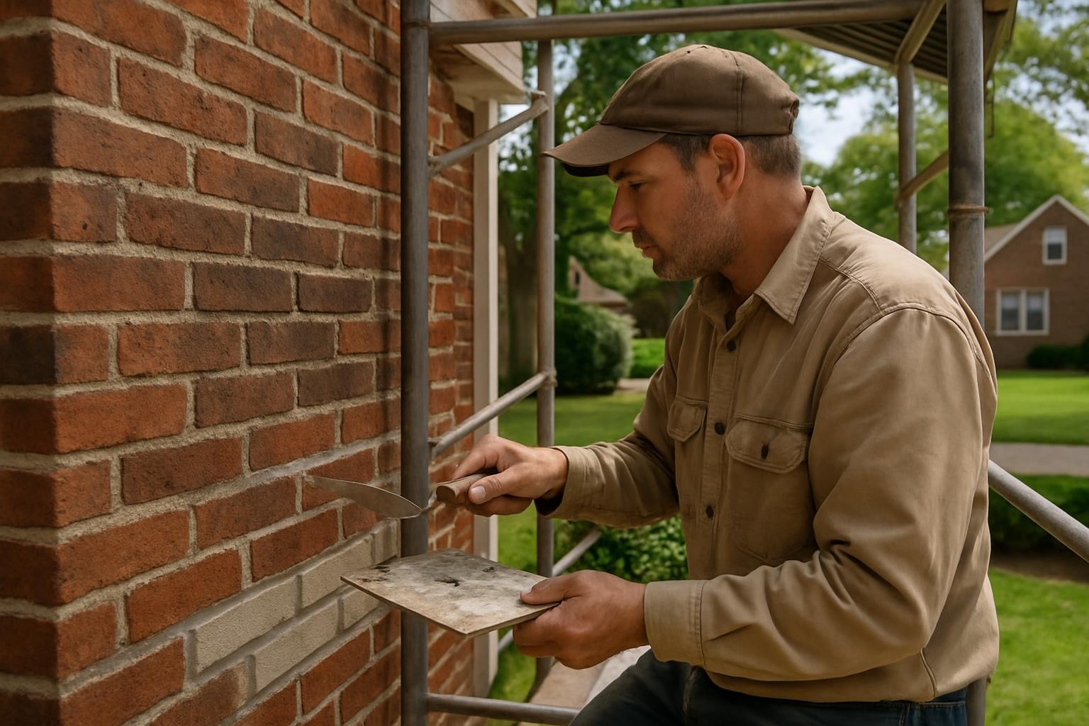 Residential masonry repair on a brick home in Evansville featuring a local mason restoring mortar joints