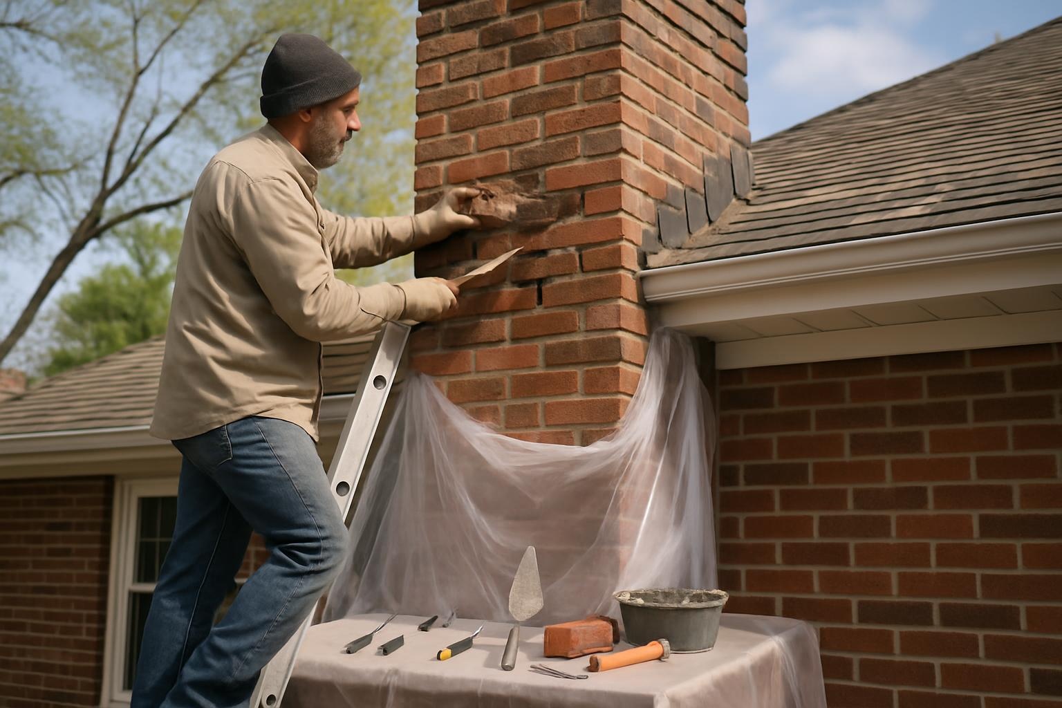 Masonry contractor repairing a brick chimney on a Minneapolis MN home