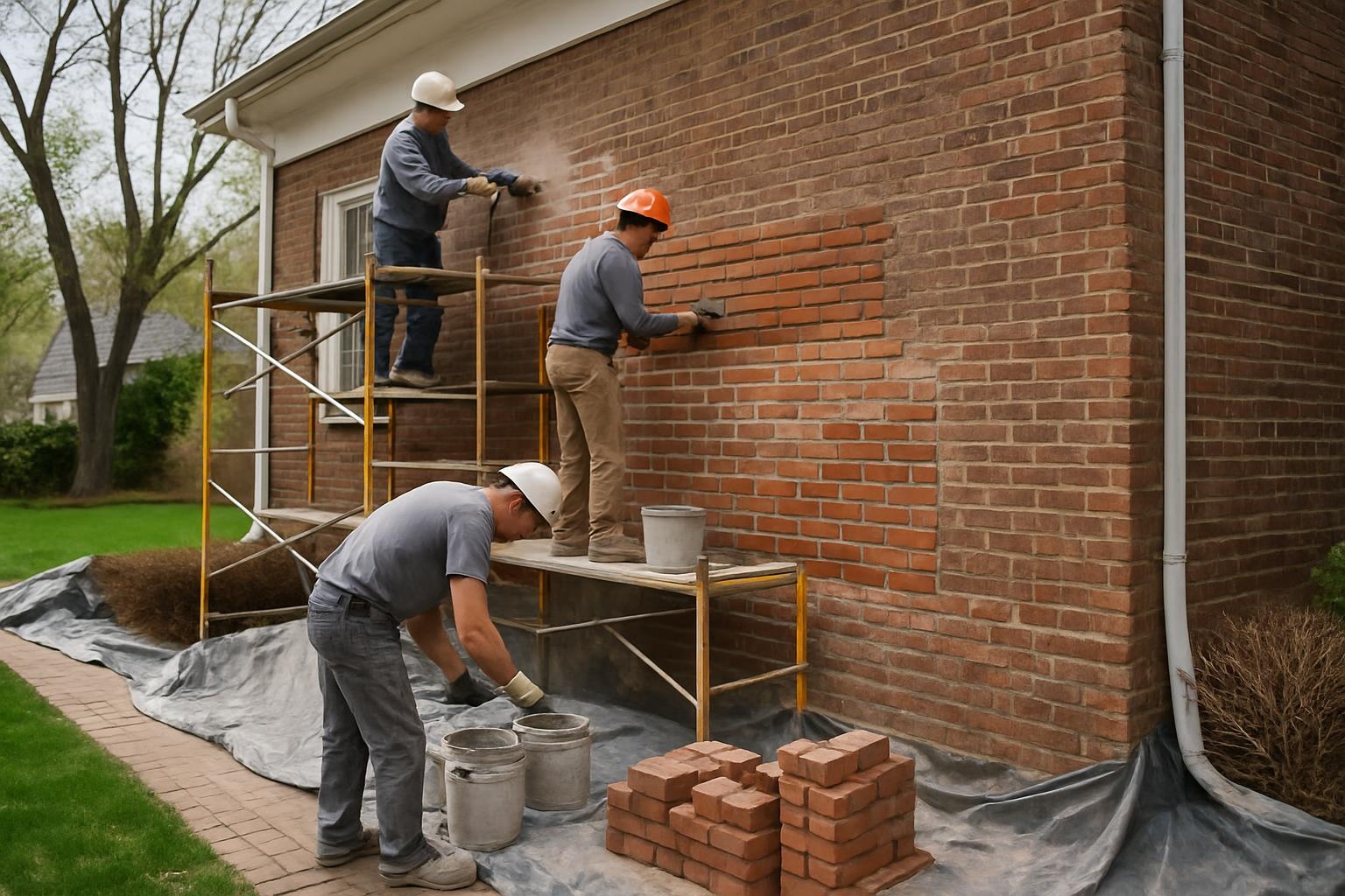 Masonry repair crew from Superior Masonry Minneapolis restoring a brick wall on a home in Minneapolis, MN