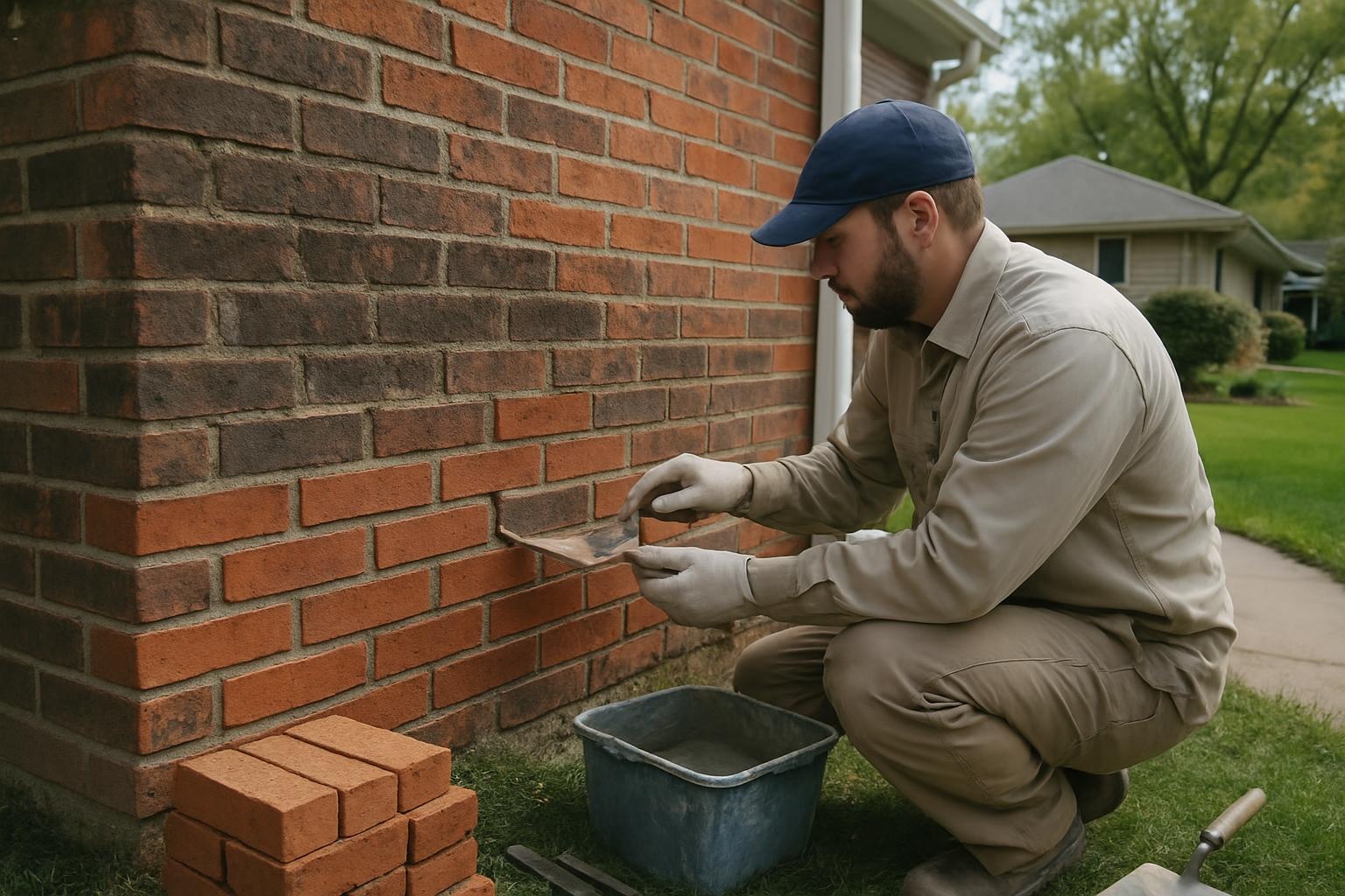Masonry repair specialist from Superior Masonry Omaha restoring a brick wall on a residential home in Omaha, NE