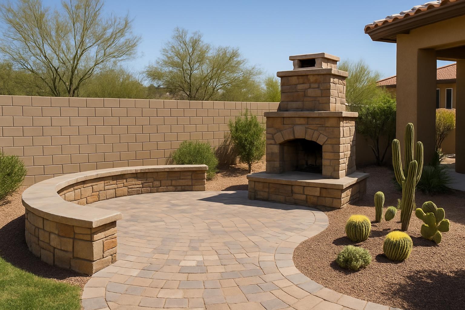 Custom masonry block wall and stone patio at a home in Scottsdale AZ by Superior Masonry Scottsdale