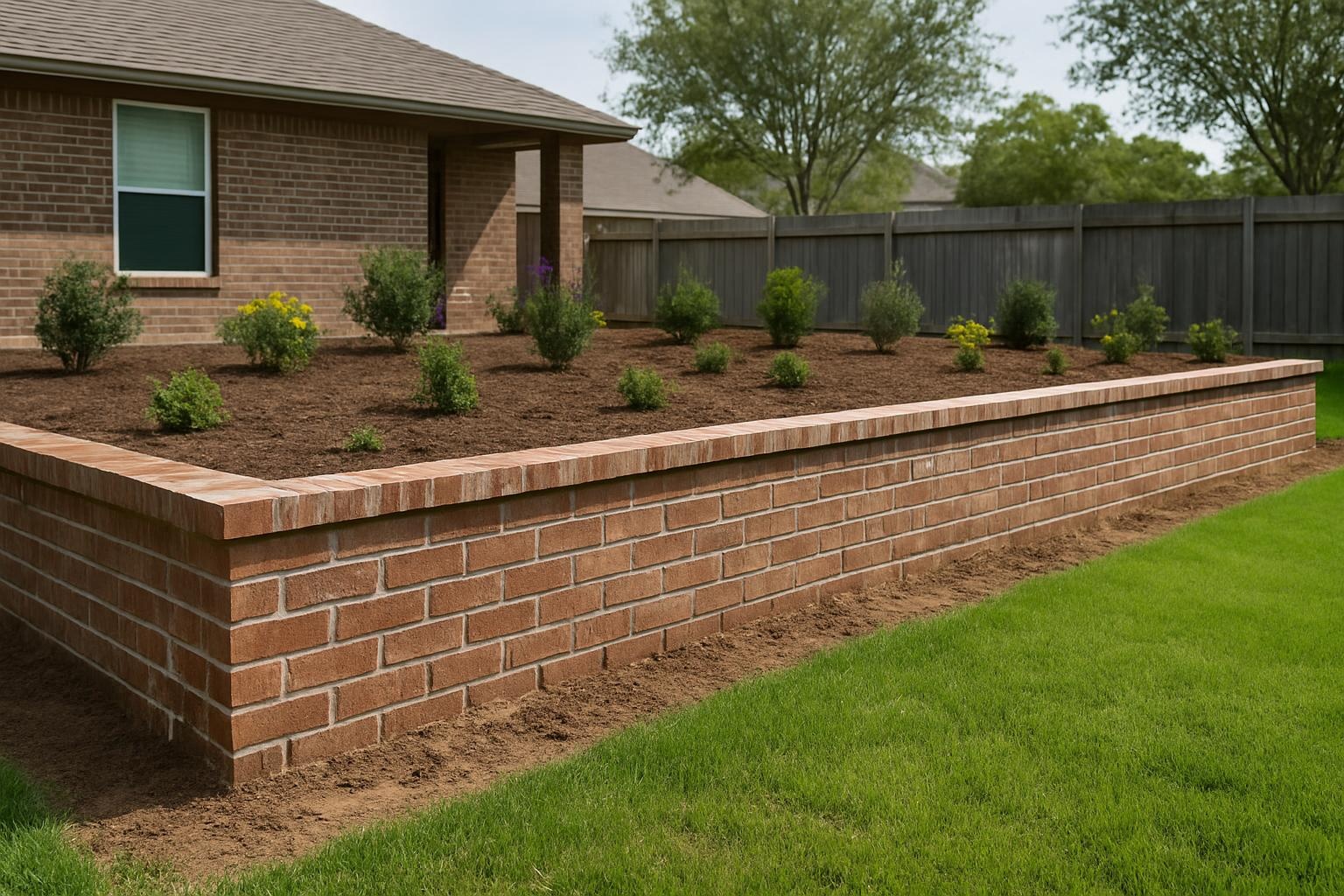 Brick retaining wall masonry in a landscaped Texas City TX backyard
