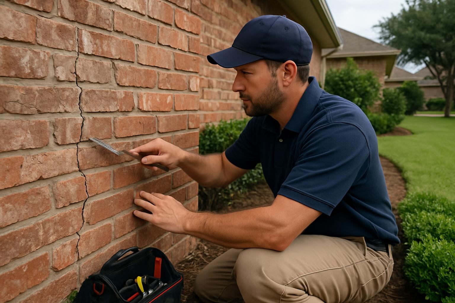 Masonry repair on a cracked brick wall at a Texas City home