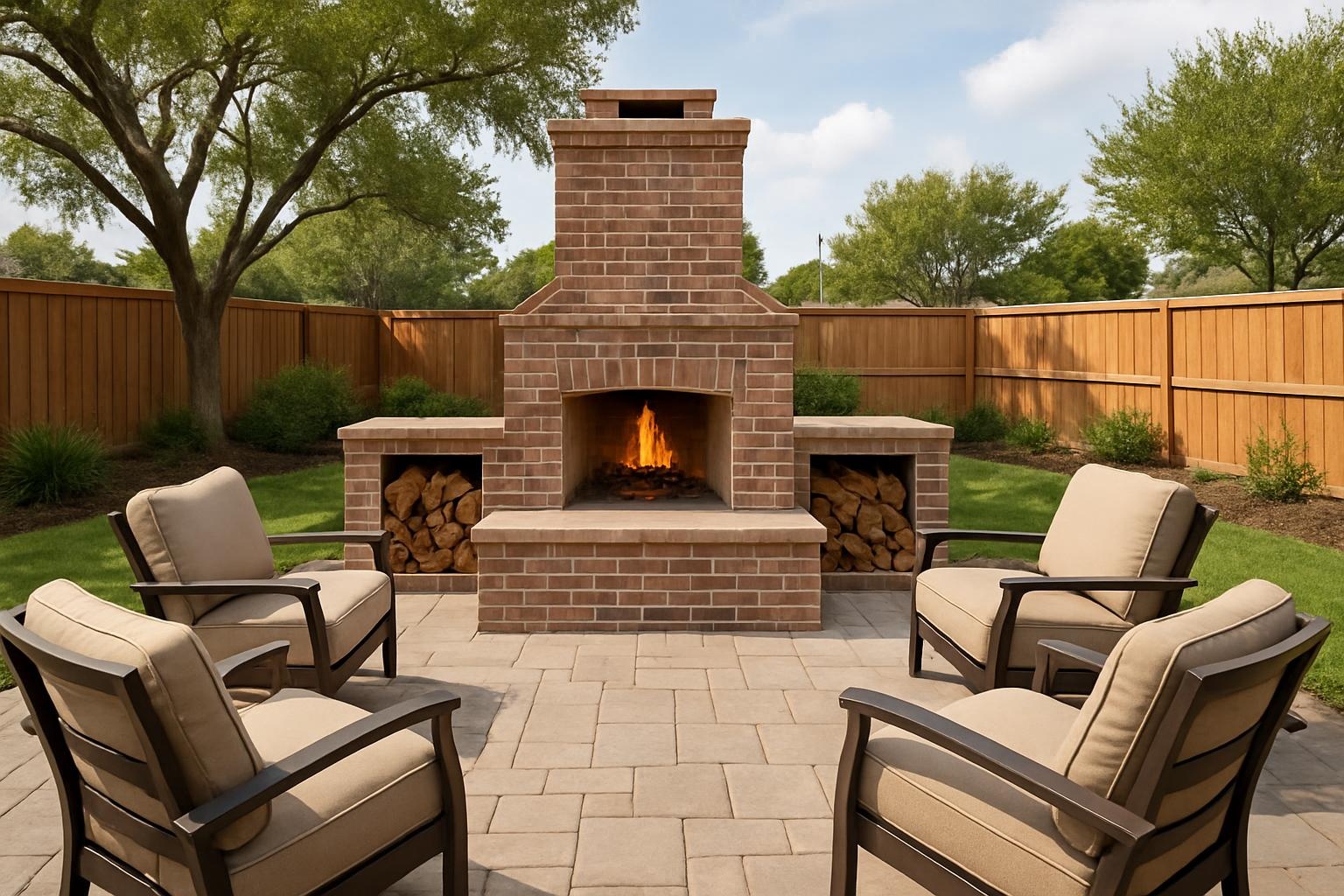 Outdoor brick fireplace masonry on a Texas City backyard patio