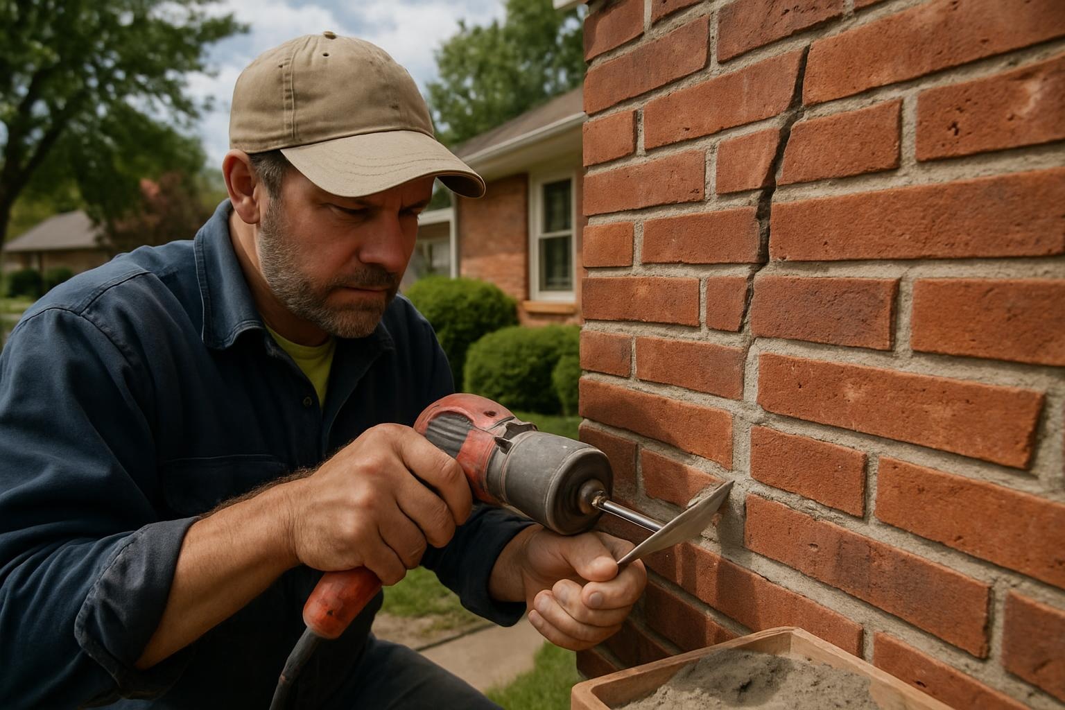 Masonry repair specialist from Superior Masonry Topeka restoring brickwork on a residential home in Topeka KS