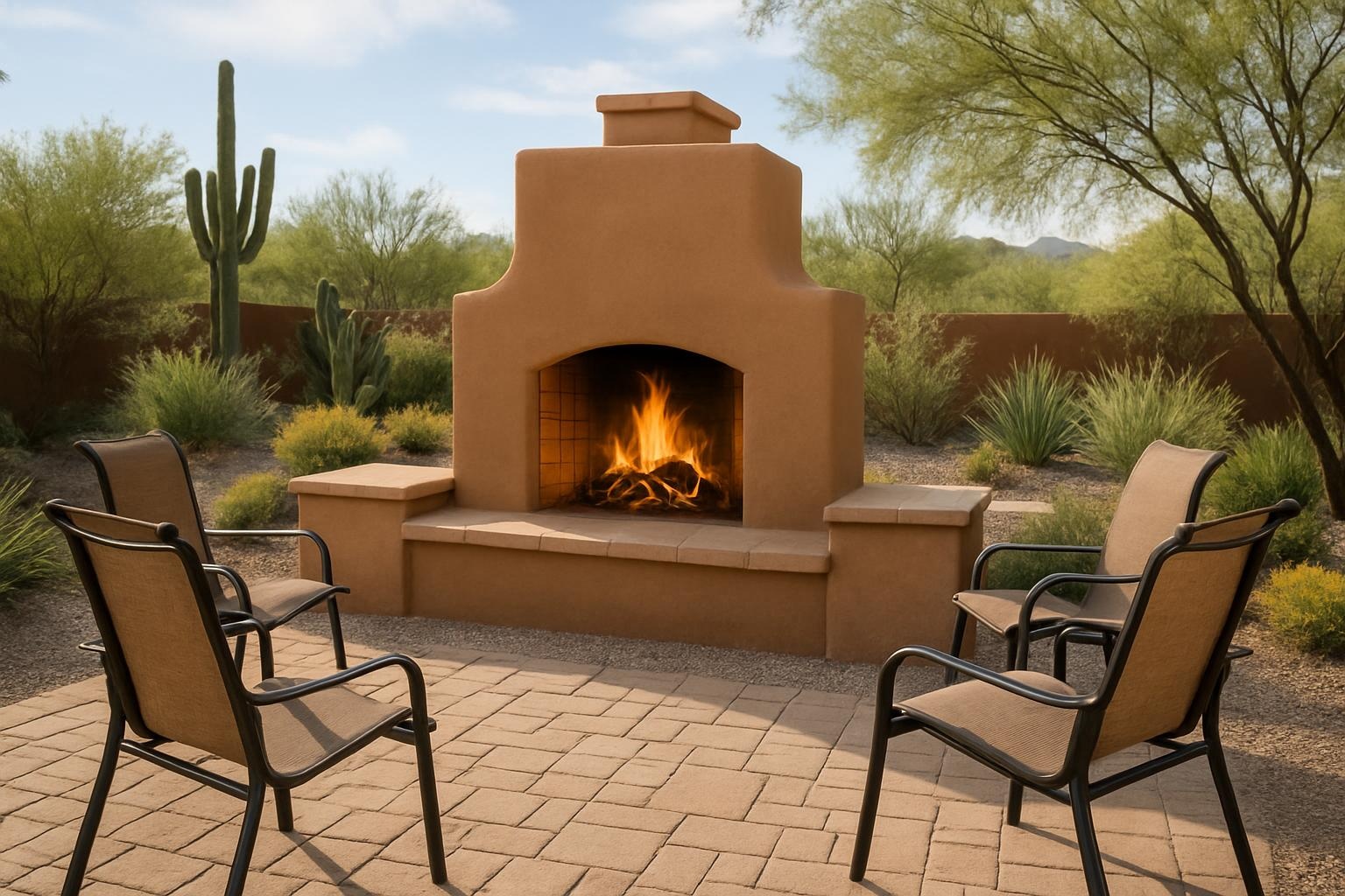 Masonry outdoor fireplace built by Superior Masonry Tucson in a Tucson backyard