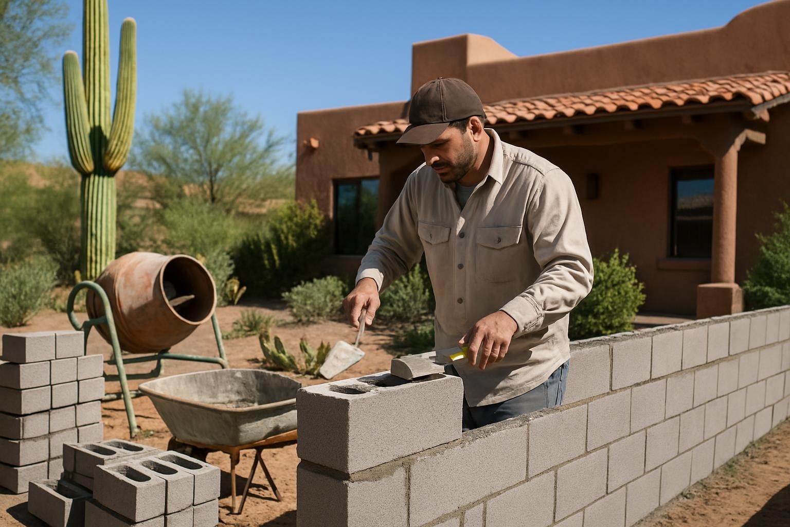 Masonry contractor building a block wall at a Tucson home
