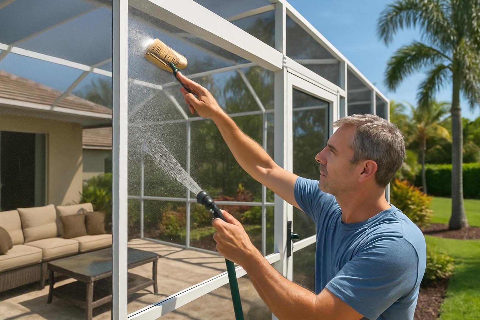 Lanai screen enclosure maintenance on a home in Bonita Springs, FL