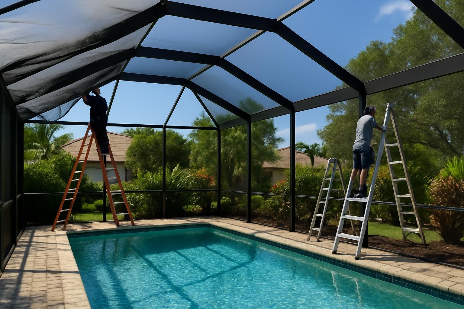 Pool cage rescreen in progress at a home in Bonita Springs with new screen installation