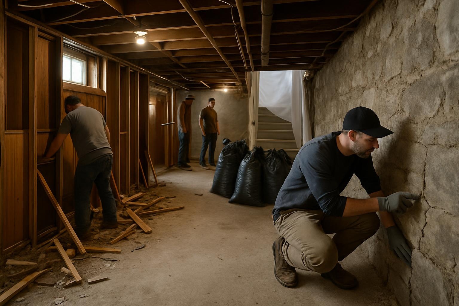 Basement demolition in progress in Buffalo NY exposing foundation walls and slab for a future renovation