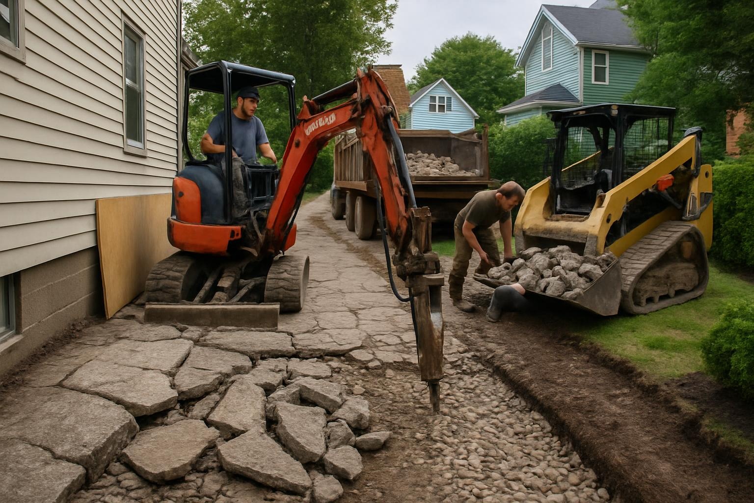 Crew performing concrete driveway demolition in Buffalo NY with heavy equipment and debris removal by Titan Demolition Buffalo