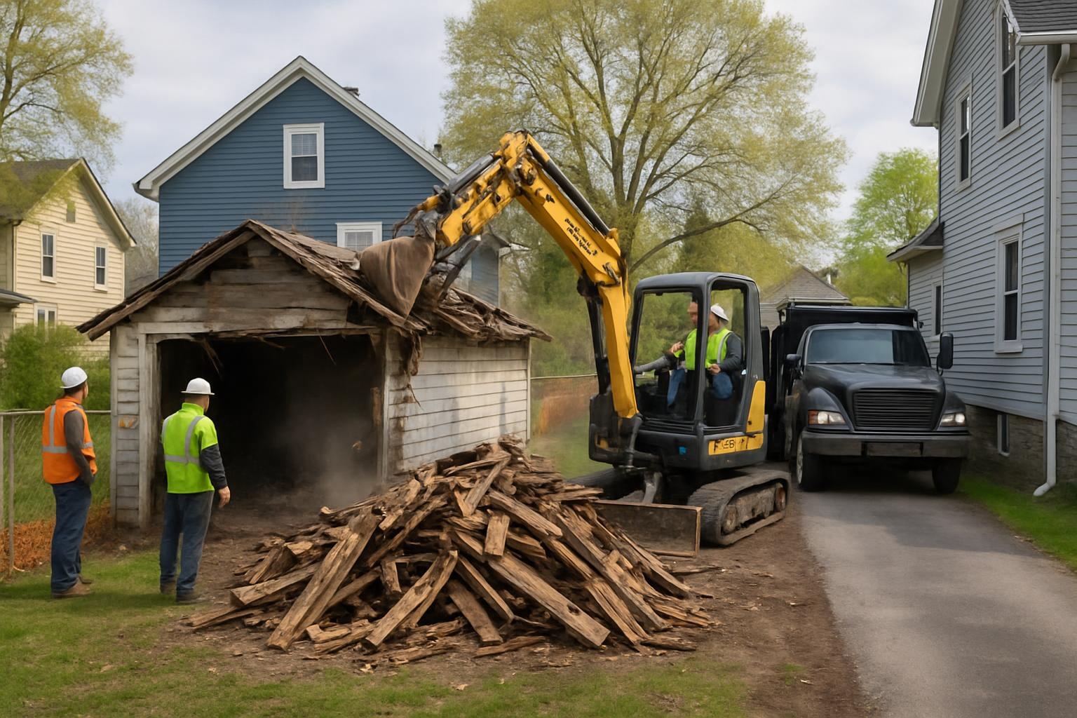 Garage demolition in progress by Titan Demolition Buffalo at a residential property in Buffalo NY