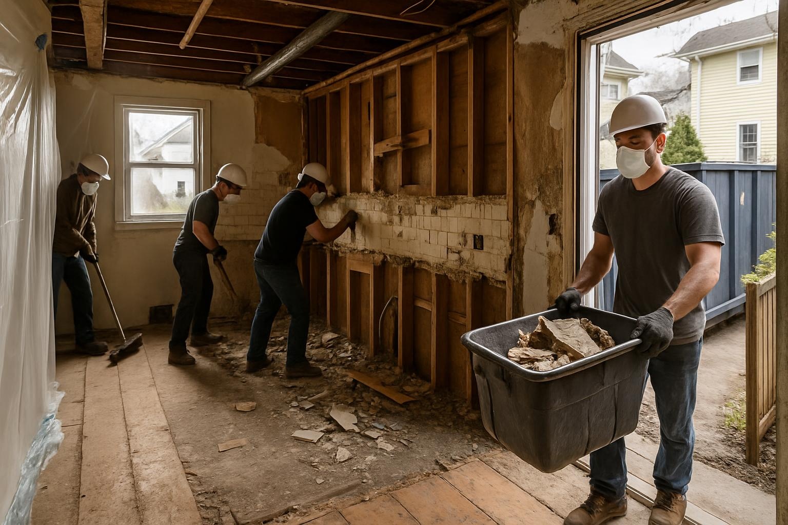 Interior residential demolition for a kitchen remodel in Buffalo NY with walls opened to studs and debris neatly removed by Titan Demolition Buffalo
