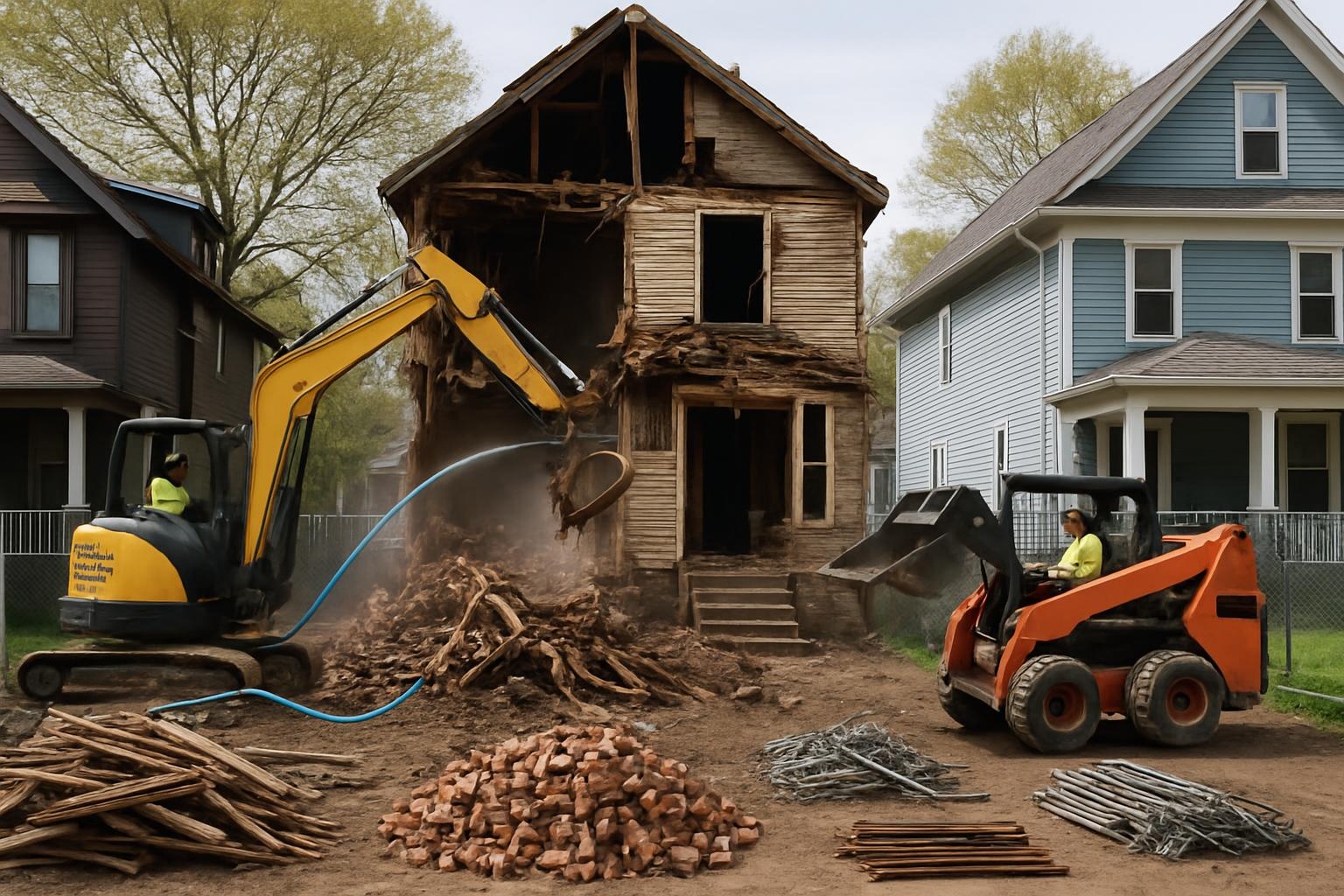 Residential and commercial demolition project in progress in Buffalo NY with Titan Demolition Buffalo equipment on site