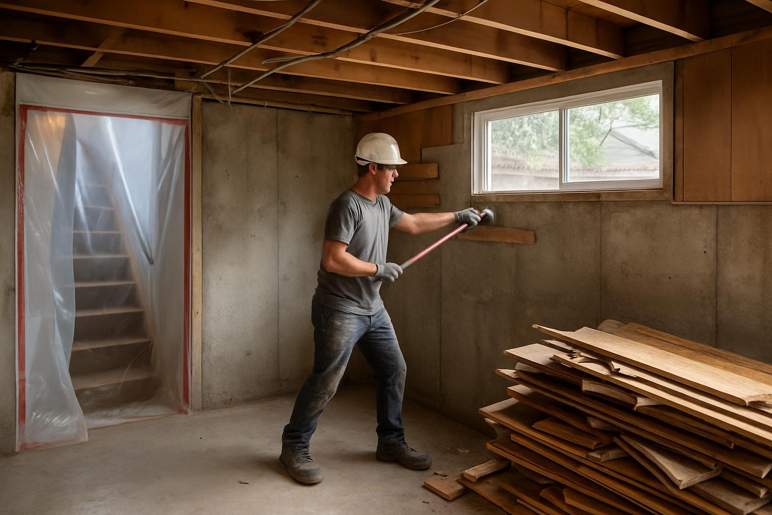 Crew performing basement demolition in a Denver home to prepare for a remodel, with framing and concrete walls exposed
