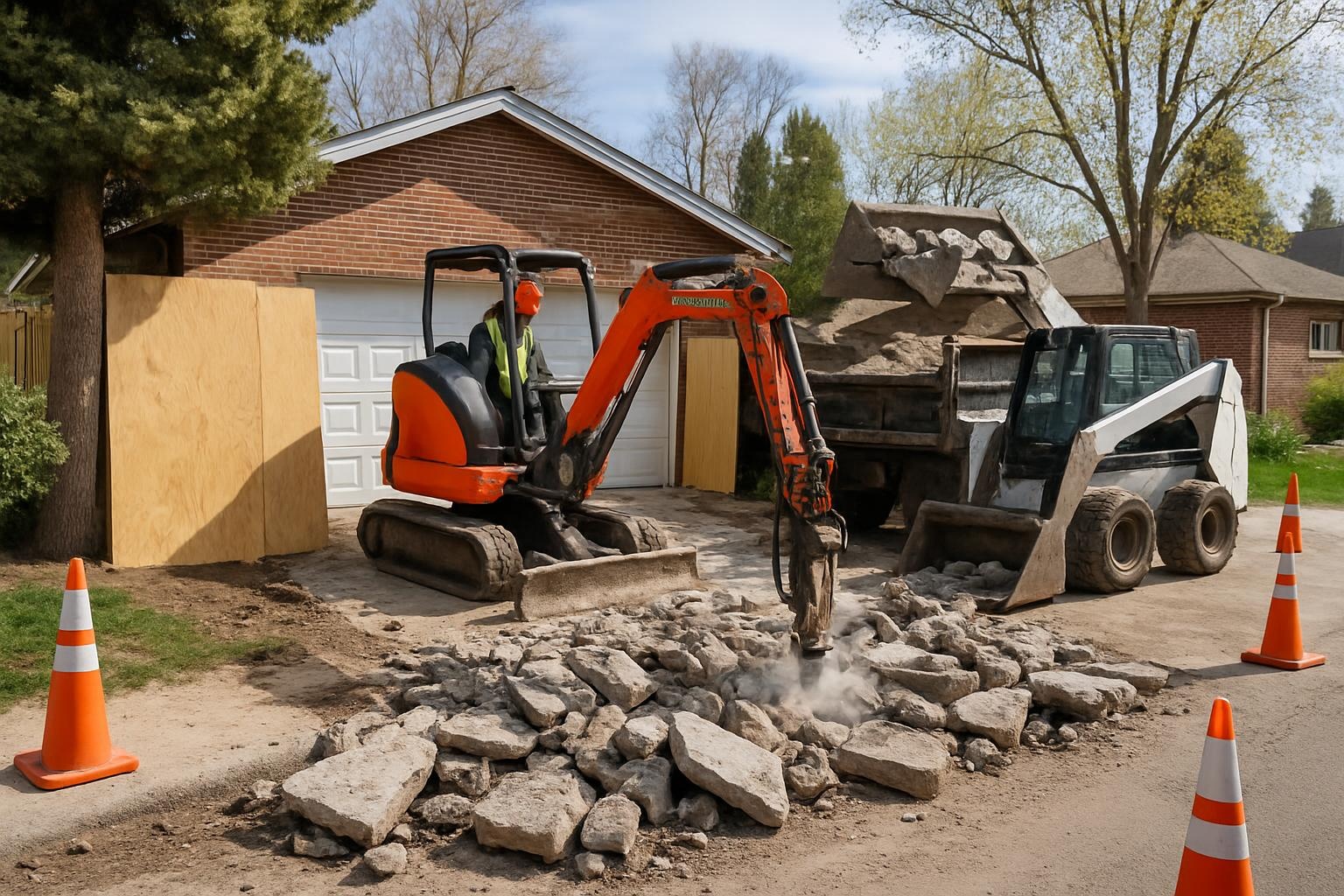 Crew performing concrete driveway demolition in Denver with heavy equipment and debris removal