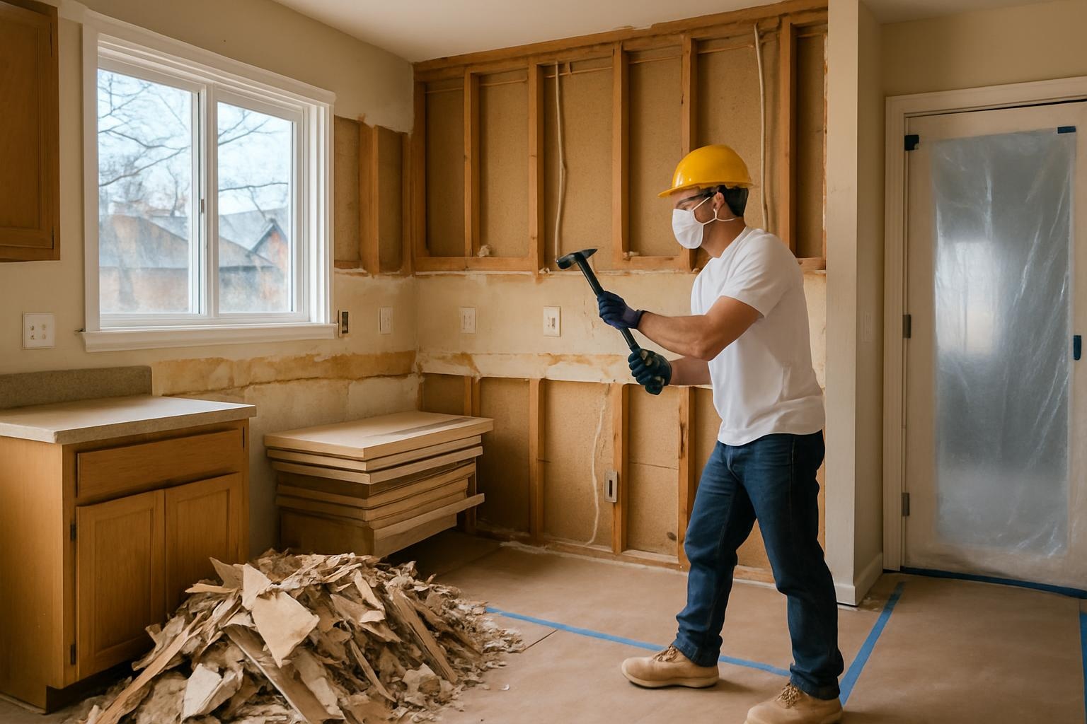 Kitchen demolition in progress by a demolition crew in Denver, CO exposing studs, subfloor, and utilities