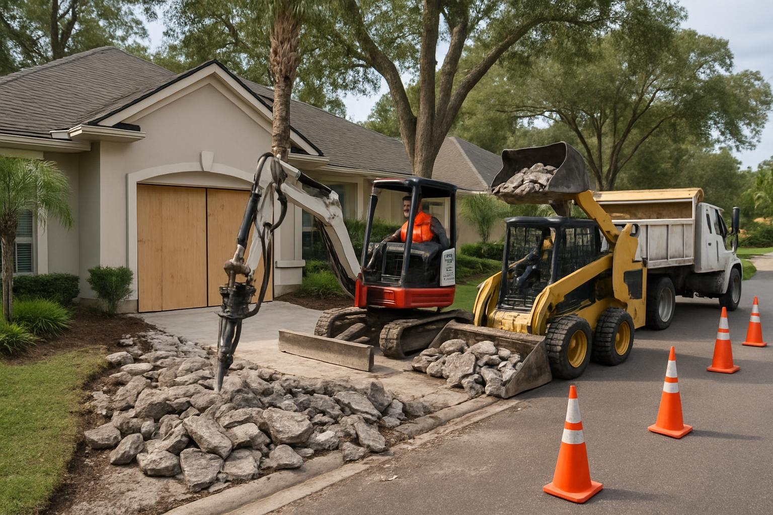 Excavator performing concrete driveway demolition in Jacksonville, FL