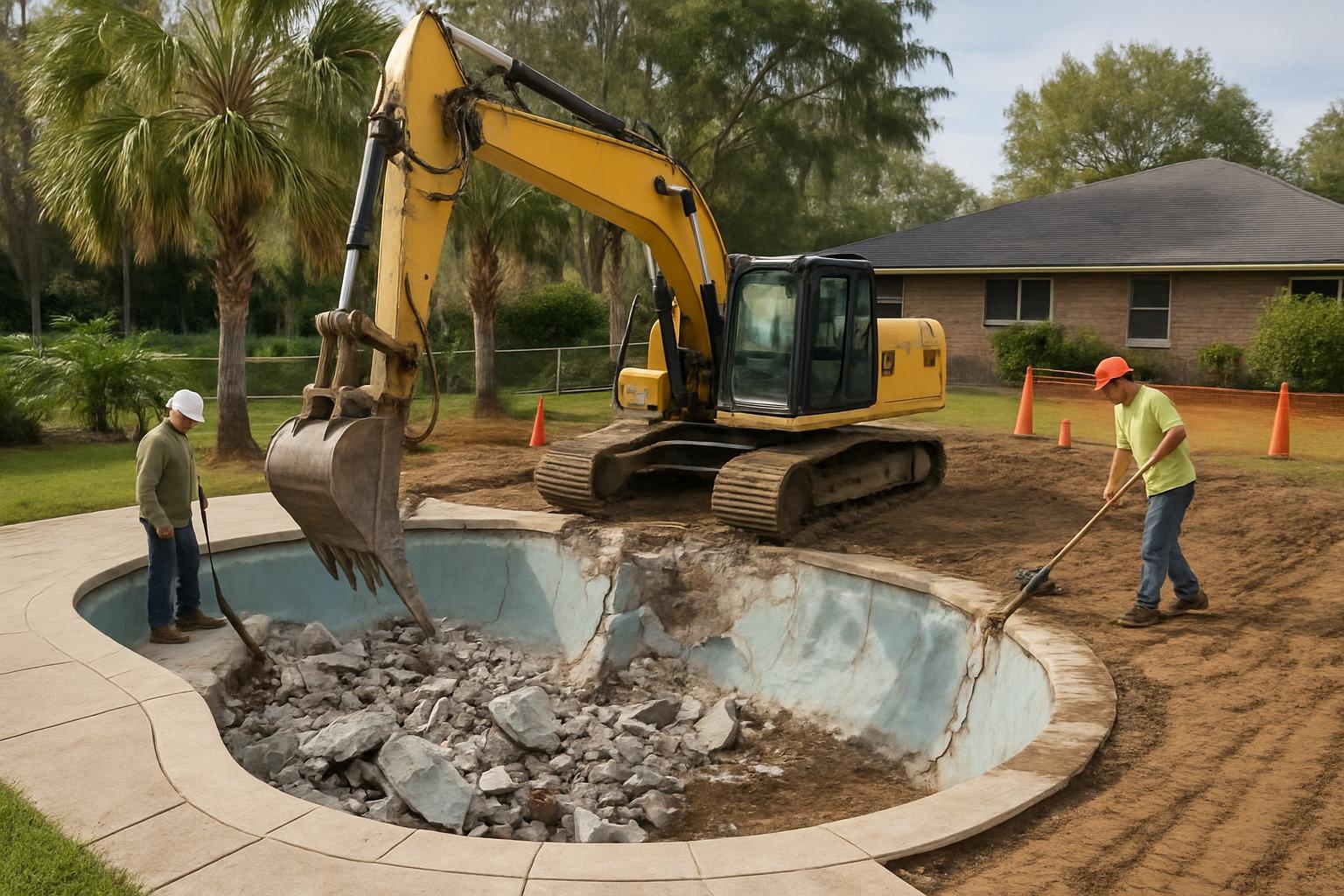 Excavator performing pool demolition in Jacksonville, FL, breaking up a concrete swimming pool for removal
