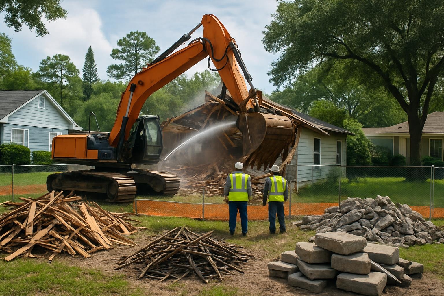 Excavator performing residential demolition on a home lot in Jacksonville with debris neatly piled for removal