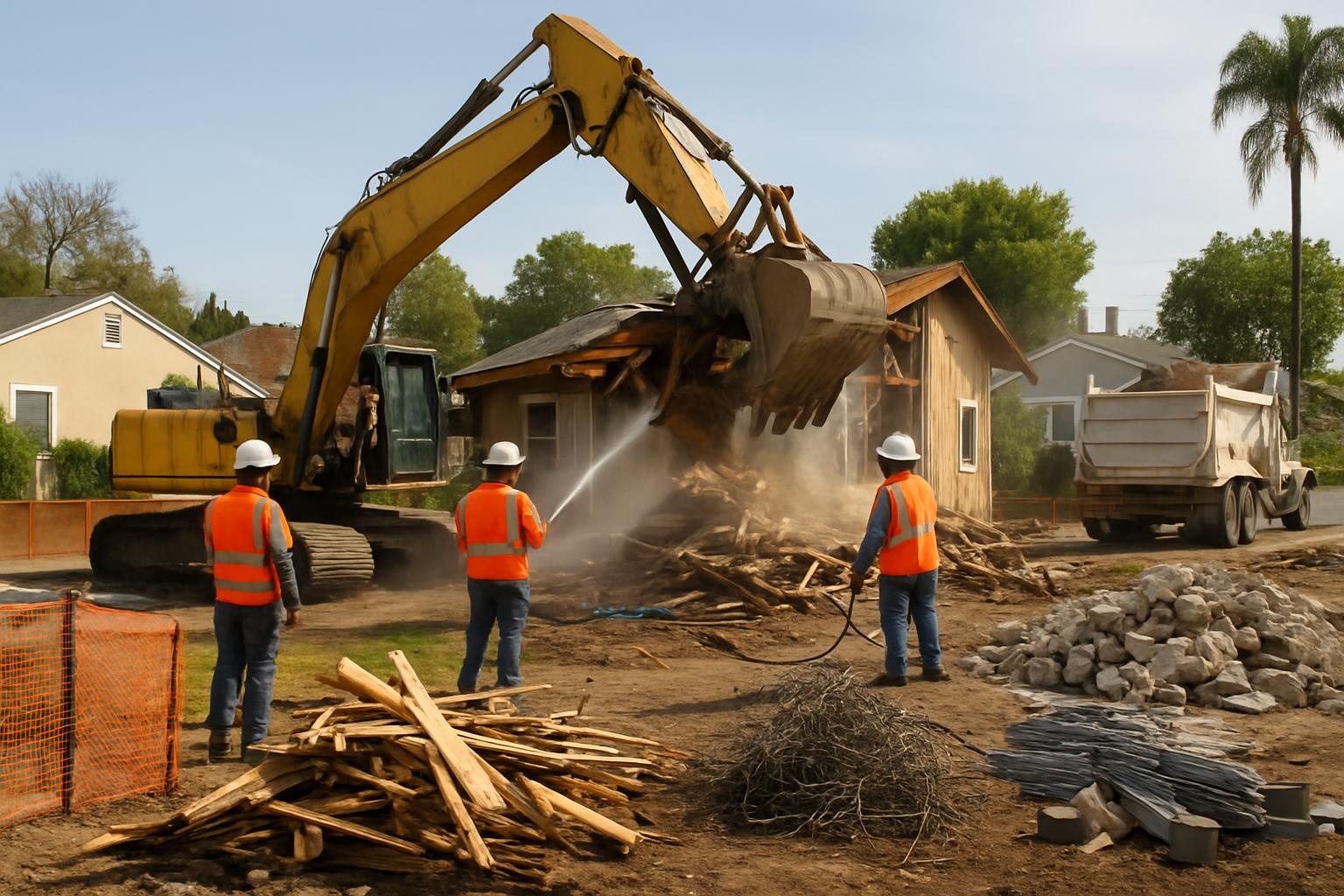 Demolition crew from Titan Demolition Los Angeles tearing down a residential structure in Los Angeles with heavy equipment and debris removal trucks on site.