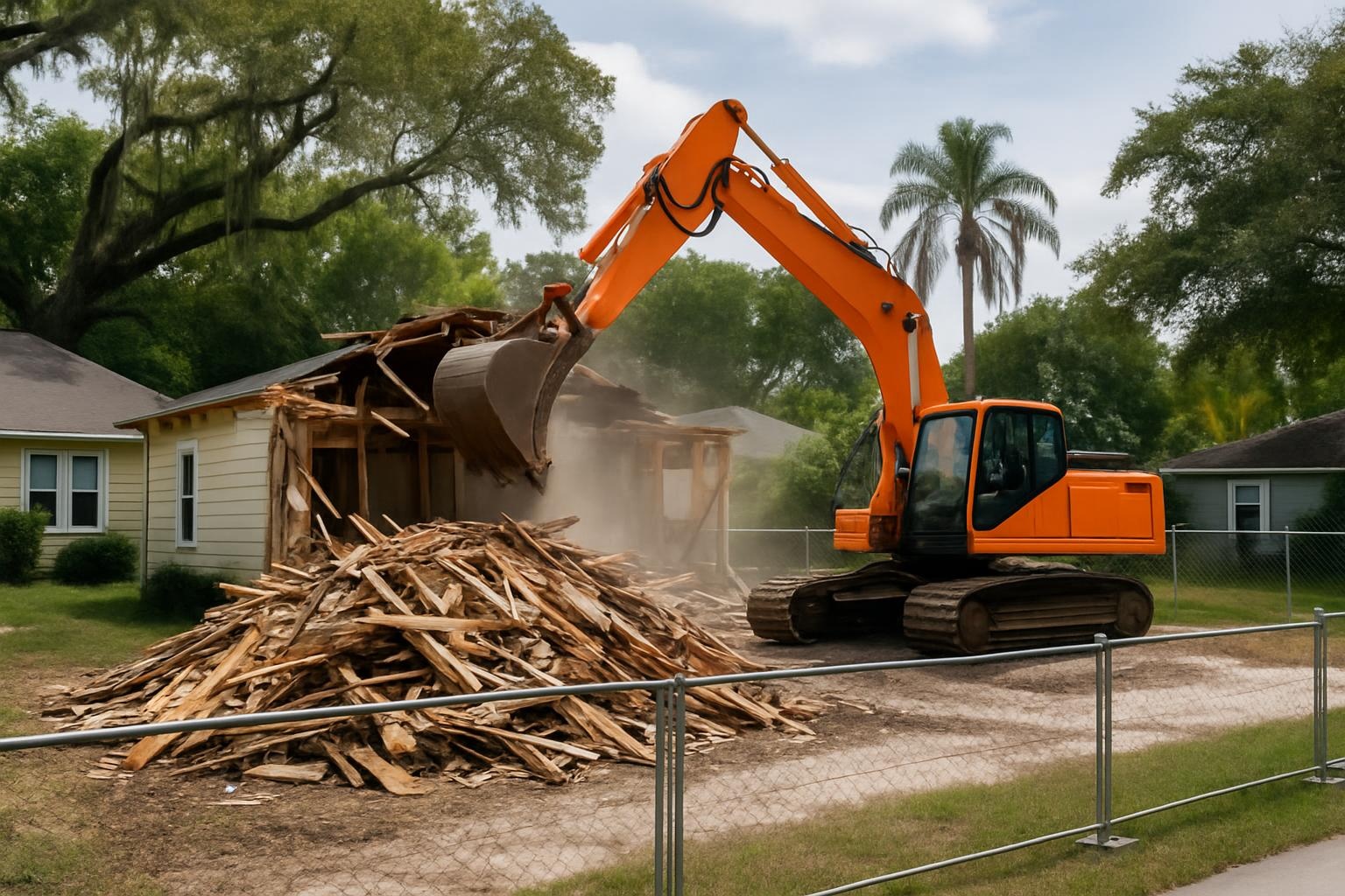 Excavator performing residential demolition on a home lot in Orlando during a Titan Demolition Orlando project