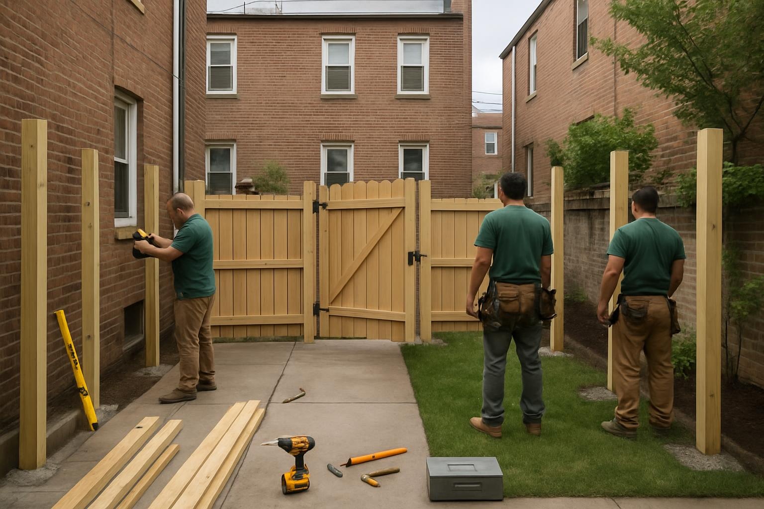 Crew completing residential fence installation in Bronx, NY backyard